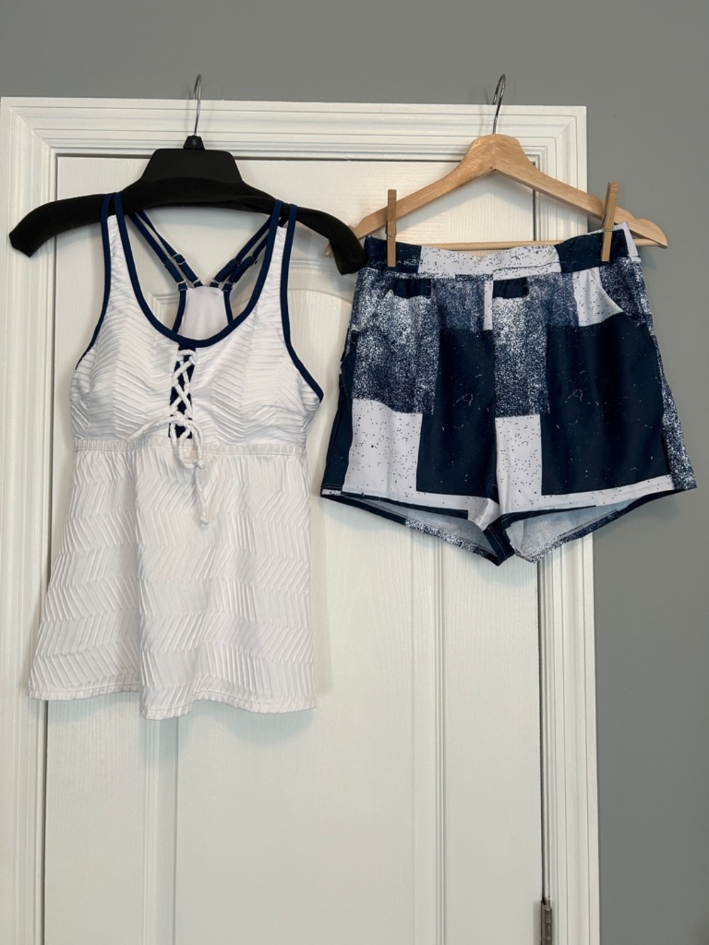 White Lace-Up Tankini Top & Navy Patterned Swim Shorts Set